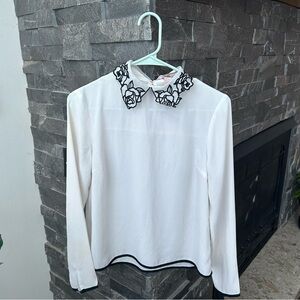 Forever 21 White Blouse with Black Embroidered Collar